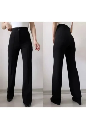 شلوار پارچه ای مشکی راه راه زنانه مدل Lycra Palazzo - 659