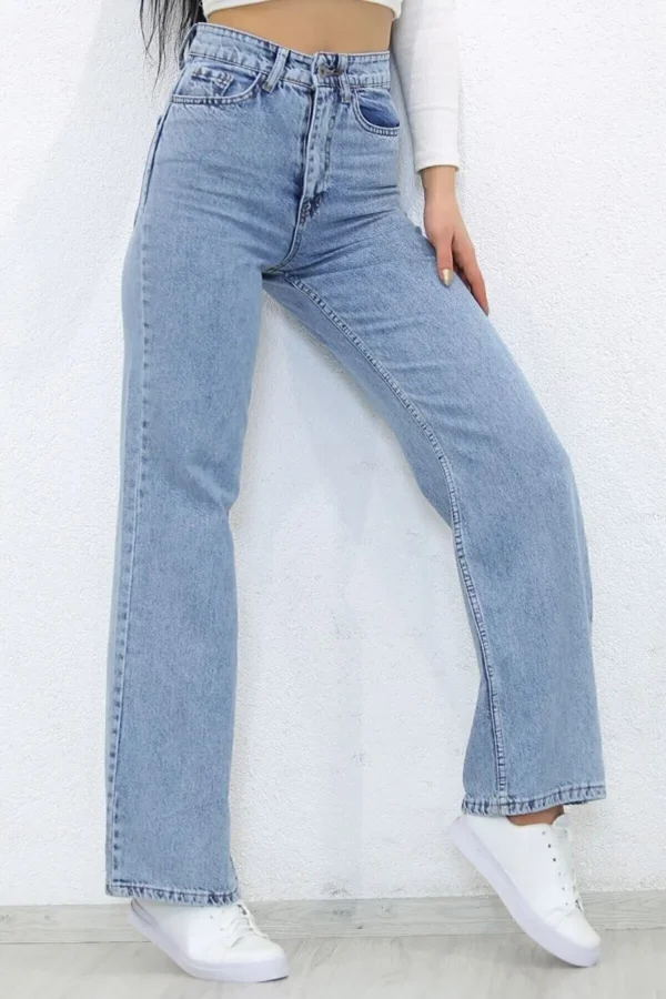 Dessin Light Blue Snow Wash Lycra Palazzo Leg Leg Super High Waist Jean شلوار - 787