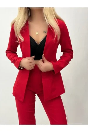 ست شلوار کت پارچه ای اطلس قرمز زنانه - 326