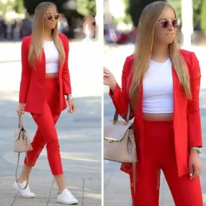 ست شلوار کت پارچه ای اطلس قرمز زنانه - 326