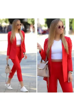 ست شلوار کت پارچه ای اطلس قرمز زنانه - 326