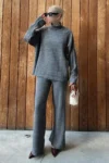 شلوار ژاکت بافتنی آستین بلند آنتراسیت کت و شلوار دو نفره MG2173 - 995