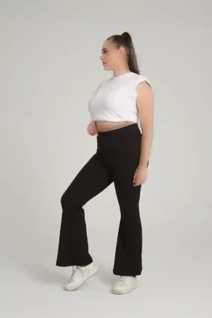 جوراب شلواری مشکی کمر بلند سایز Curve Plus Ribbed Flare Leg - 1317