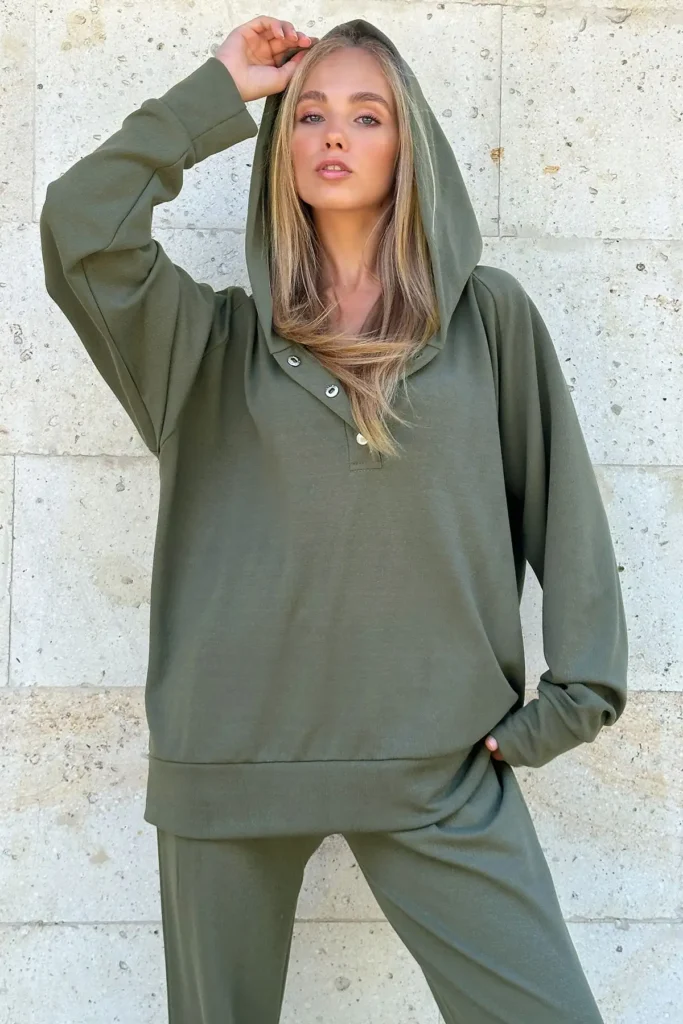 سویشرت و شلوار اور سایز زنانه کلاه دار خاکی ALC-X12476 - 1375