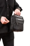 کیف مردانه استیل مشکی چرم اصل با بند قابل تنظیم (سایز متوسط) - 2052