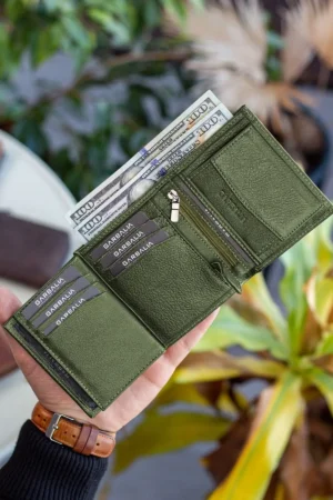 کیف پول مردانه چرم اصل دورتموند Rfid Blocking Green با محفظه سکه - 1826