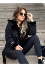 مانتو دوچرخه سواری جیر مشکی زنانه با خز کامل ابریشمی با کمربند - 2068