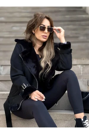 مانتو دوچرخه سواری جیر مشکی زنانه با خز کامل ابریشمی با کمربند - 2068