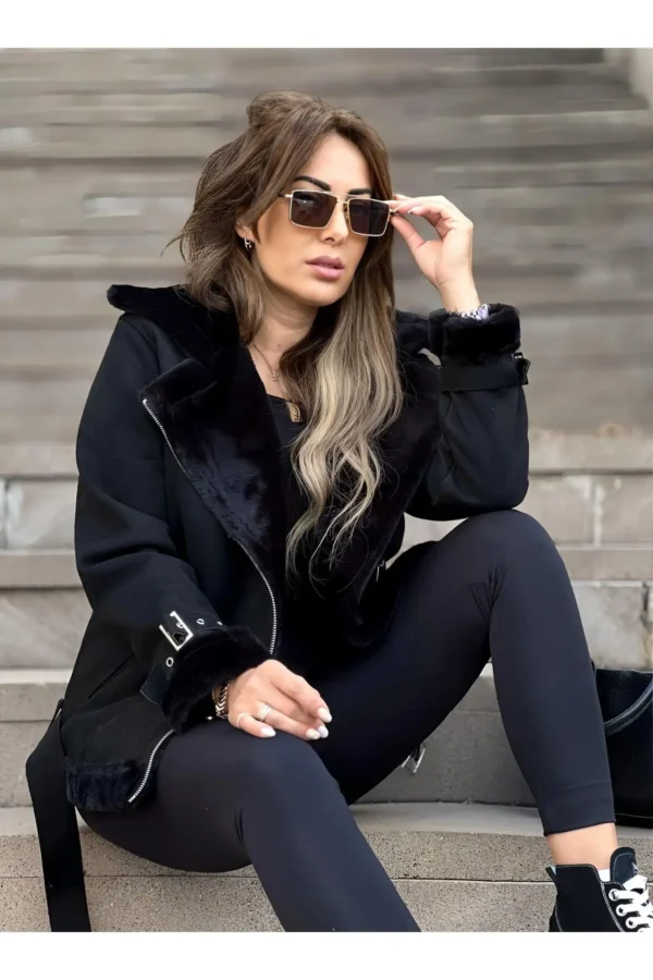 مانتو دوچرخه سواری جیر مشکی زنانه با خز کامل ابریشمی با کمربند - 2068