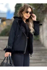 مانتو دوچرخه سواری جیر مشکی زنانه با خز کامل ابریشمی با کمربند - 2068