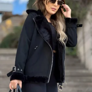 مانتو دوچرخه سواری جیر مشکی زنانه با خز کامل ابریشمی با کمربند - 2068