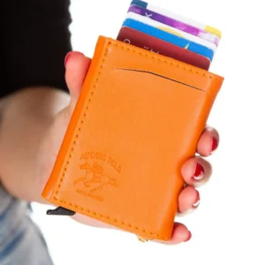 کیف پول جا کارتی کشویی مکانیزم چرمی نارنجی Unisex با محفظه پول کاغذی - 1828