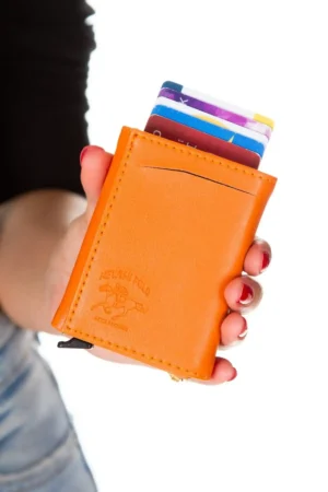 کیف پول جا کارتی کشویی مکانیزم چرمی نارنجی Unisex با محفظه پول کاغذی - 1828