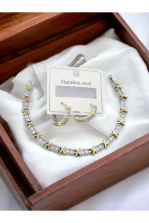ست دستبند و گوشواره استیل سنگ زیرکون Z&D 316L Gold XoXo با سنگ - 2161