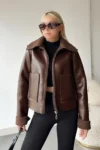کاپشن دوچرخه سواری چرم مصنوعی دو جیبی زنانه قهوه ای تلخ با خز داخل Prm0408 - 1859