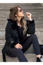 مانتو دوچرخه سواری جیر مشکی زنانه با خز کامل ابریشمی با کمربند - 2068
