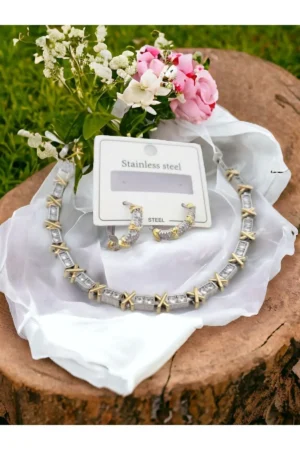 ست دستبند و گوشواره استیل سنگ زیرکون Z&D 316L Gold XoXo با سنگ - 2161