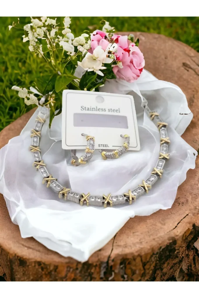 ست دستبند و گوشواره استیل سنگ زیرکون Z&D 316L Gold XoXo با سنگ - 2161