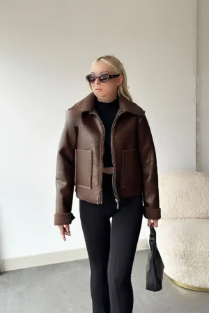 کاپشن دوچرخه سواری چرم مصنوعی دو جیبی زنانه قهوه ای تلخ با خز داخل Prm0408 - 1859