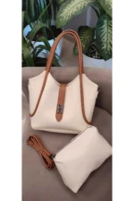 کیف آرایشی کرم برنزه زنانه با کادو بند دو بند شانه و کیف کراس بادی - 2144
