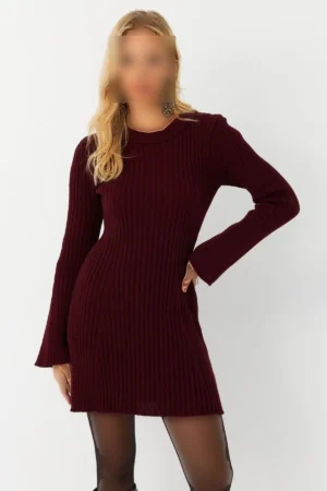 لباس بافتنی زنانه آستین بورگوندی زنانه مینی YV273 - 2436