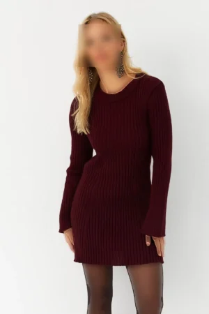 لباس بافتنی زنانه آستین بورگوندی زنانه مینی YV273 - 2436