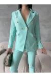 کت و شلوار جیب جیب جیب بلوزر با دکمه سبز کت و شلوار انعطاف پذیر کت و شلوار برش نامتقارن - 3312