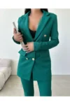 کت و شلوار سبز تیره دکمه سبز کت و شلوار قابل انعطاف لباس زنانه - 3315