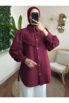 بلوز آستین بادکنکی کتان خام با پوم‌پوم گپوری - bordo - 3795