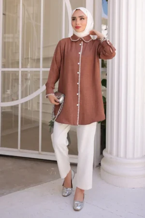 پیراهن کتانی یقه جلوی قهوه ای - 3450 - 3450