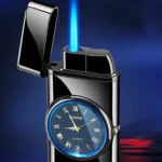 فندک فلزی بدنه مقاوم با ساعت و رنگ مشکی، ضد باد و دارای نور. - 3544