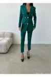 کت و شلوار سبز تیره دکمه سبز کت و شلوار قابل انعطاف لباس زنانه - 3315