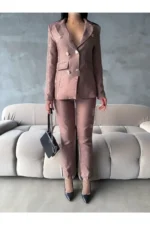 Taba Wool Effect شلوار کمربند Blazer با کت و شلوار جیب جیب - 3323