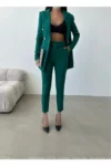 کت و شلوار سبز تیره دکمه سبز کت و شلوار قابل انعطاف لباس زنانه - 3315