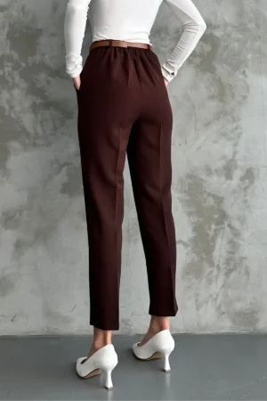زن باریک و باریک Paça Pleeted Mevimly Fabric Pants Coffee - 2824