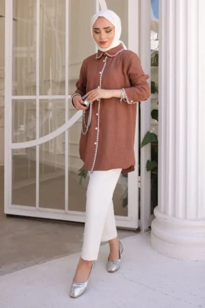 پیراهن کتانی یقه جلوی قهوه ای - 3450 - 3450