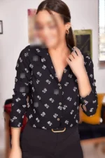 الگوی گل سیاه الگوی پیراهن آستین بلند -22K001063 - 3442 - 3442