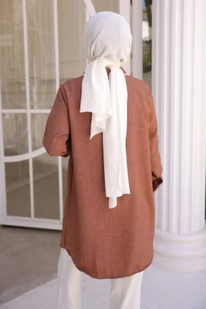 پیراهن کتانی یقه جلوی قهوه ای - 3450 - 3450