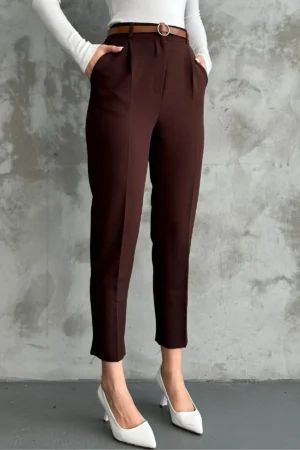 زن باریک و باریک Paça Pleeted Mevimly Fabric Pants Coffee - 2824
