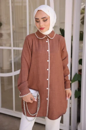 پیراهن کتانی یقه جلوی قهوه ای - 3450 - 3450