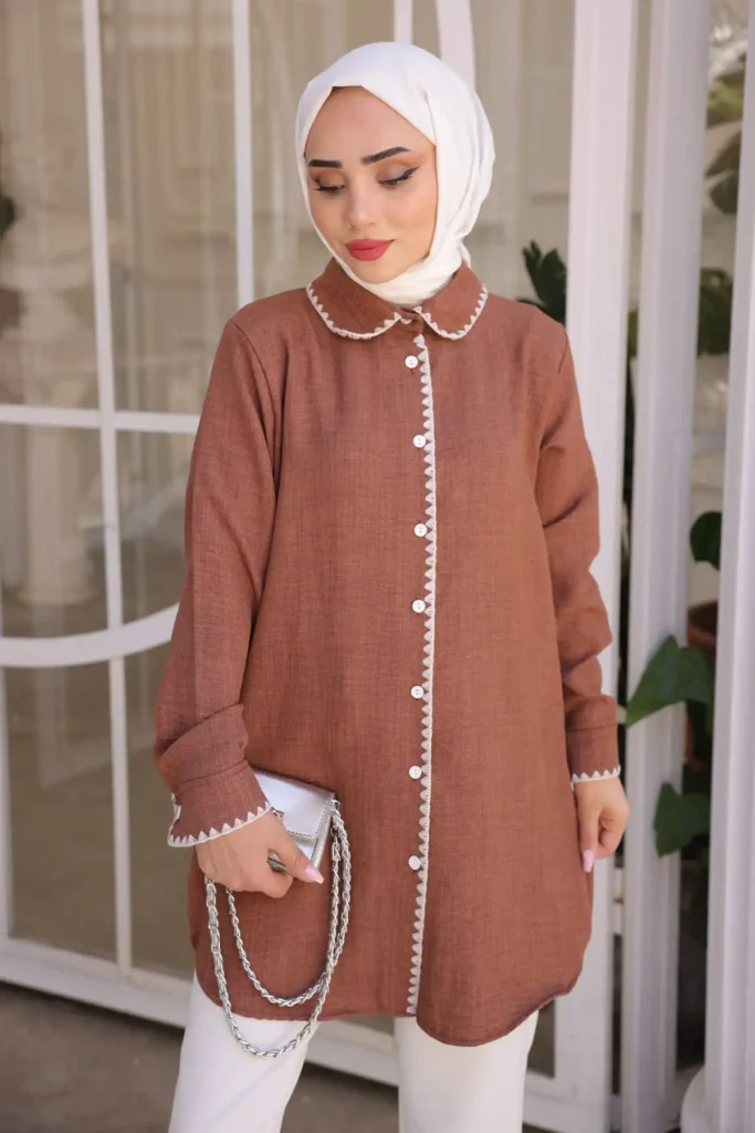 پیراهن کتانی یقه جلوی قهوه ای - 3450 - 3450
