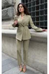 ست جاکت و شلوار چین دار زنانه رنگ زیتونی - 3847