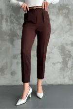 زن باریک و باریک Paça Pleeted Mevimly Fabric Pants Coffee - 2824