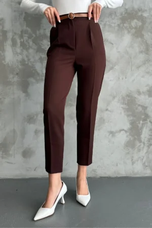 زن باریک و باریک Paça Pleeted Mevimly Fabric Pants Coffee - 2824