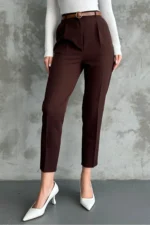 زن باریک و باریک Paça Pleeted Mevimly Fabric Pants Coffee - 2824