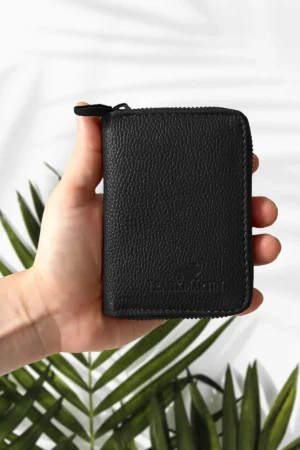 پول اصلی Zippered Money مقایسه شده با جعبه نگهدارنده کارت سیاه چرمی جعبه چرمی - 3422
