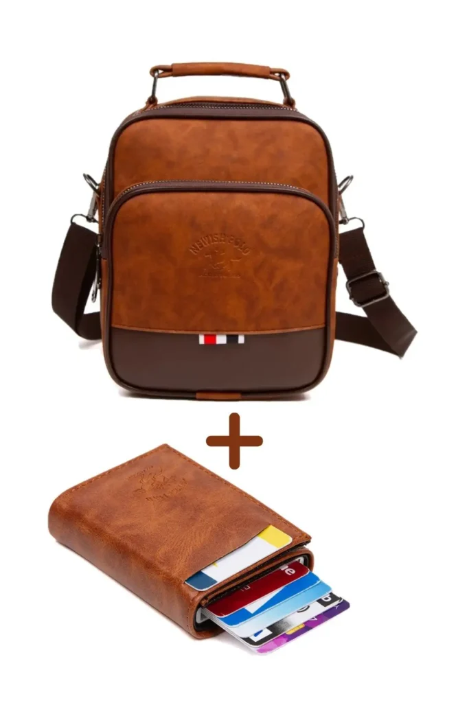 کیف پول مردانه چرم قهوه‌ای با مکانیزم و کیف دوشی روزمره - 4778