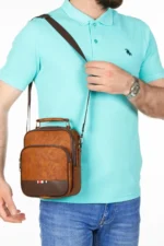 کیف پول مردانه چرم قهوه‌ای با مکانیزم و کیف دوشی روزمره - 4778
