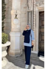 ست دو قطعه با پیراهن خطی رنگ سرمه‌ای. - 4411