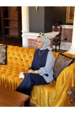 ست دو قطعه با پیراهن خطی رنگ سرمه‌ای. - 4411